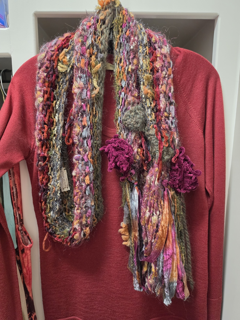 Multicolor Handcrafted Knit Scarf - Pink, Orange, Green Accents